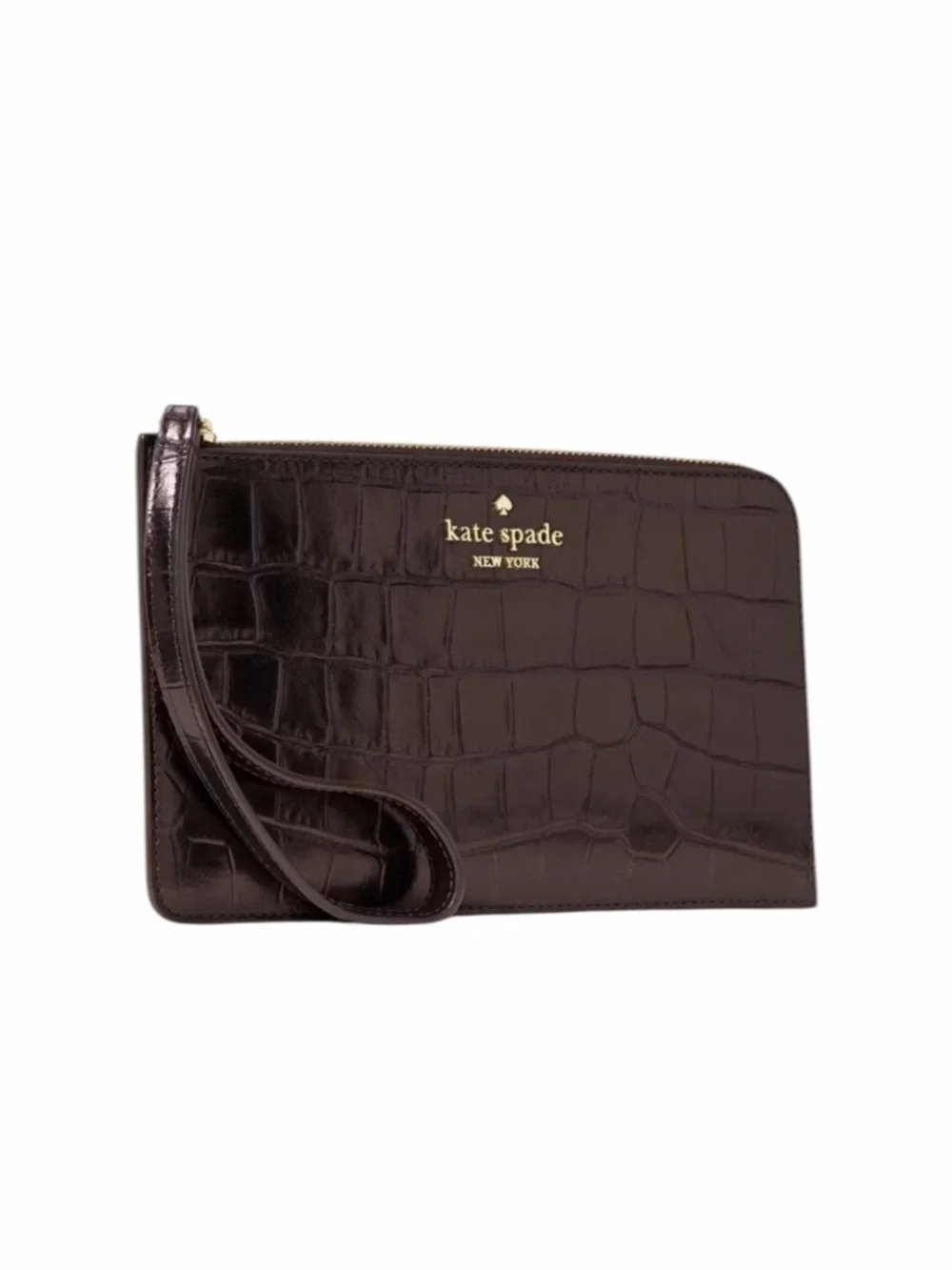 Kate Spade Lucy Croc Embossed Leather Medium L-Zip Wristlet In Hot Fudge NWT